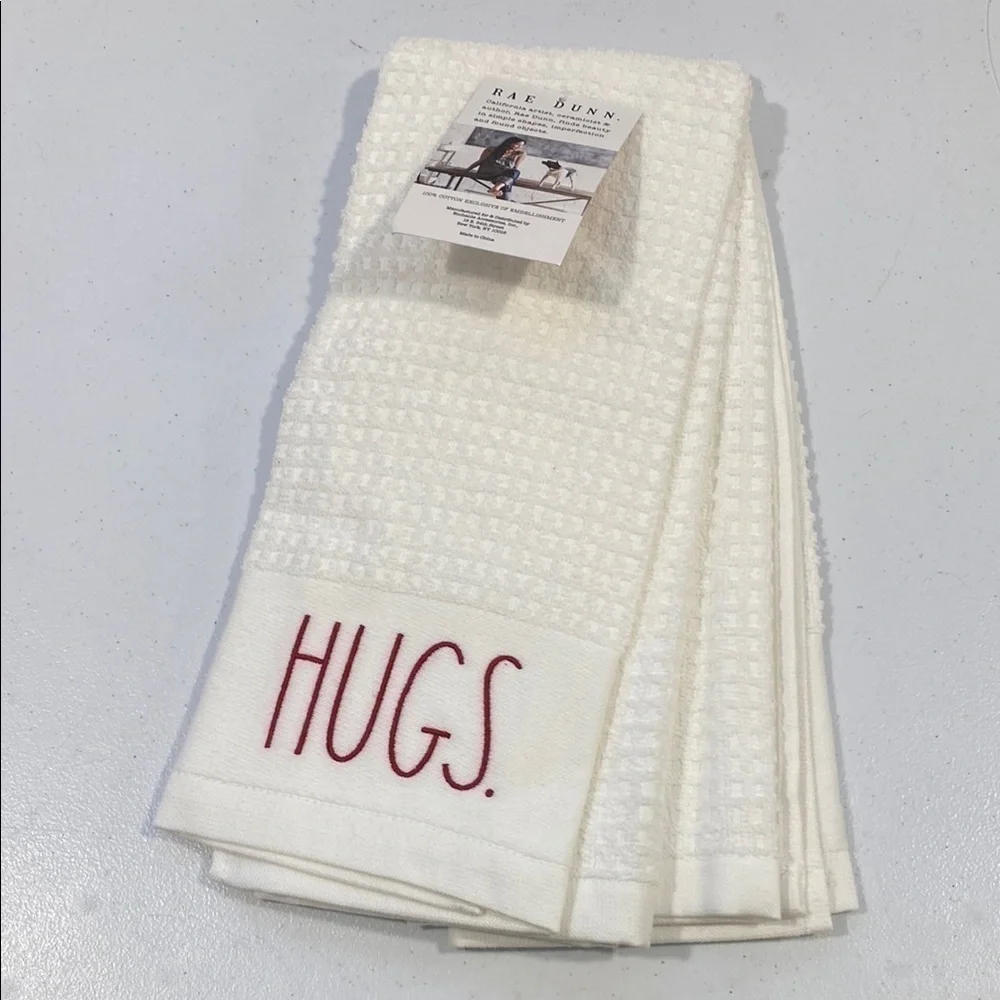 NWT Rae Dunn White Kitchen Towel with Red 'Hugs’ ‘Kisses’ Embroidery